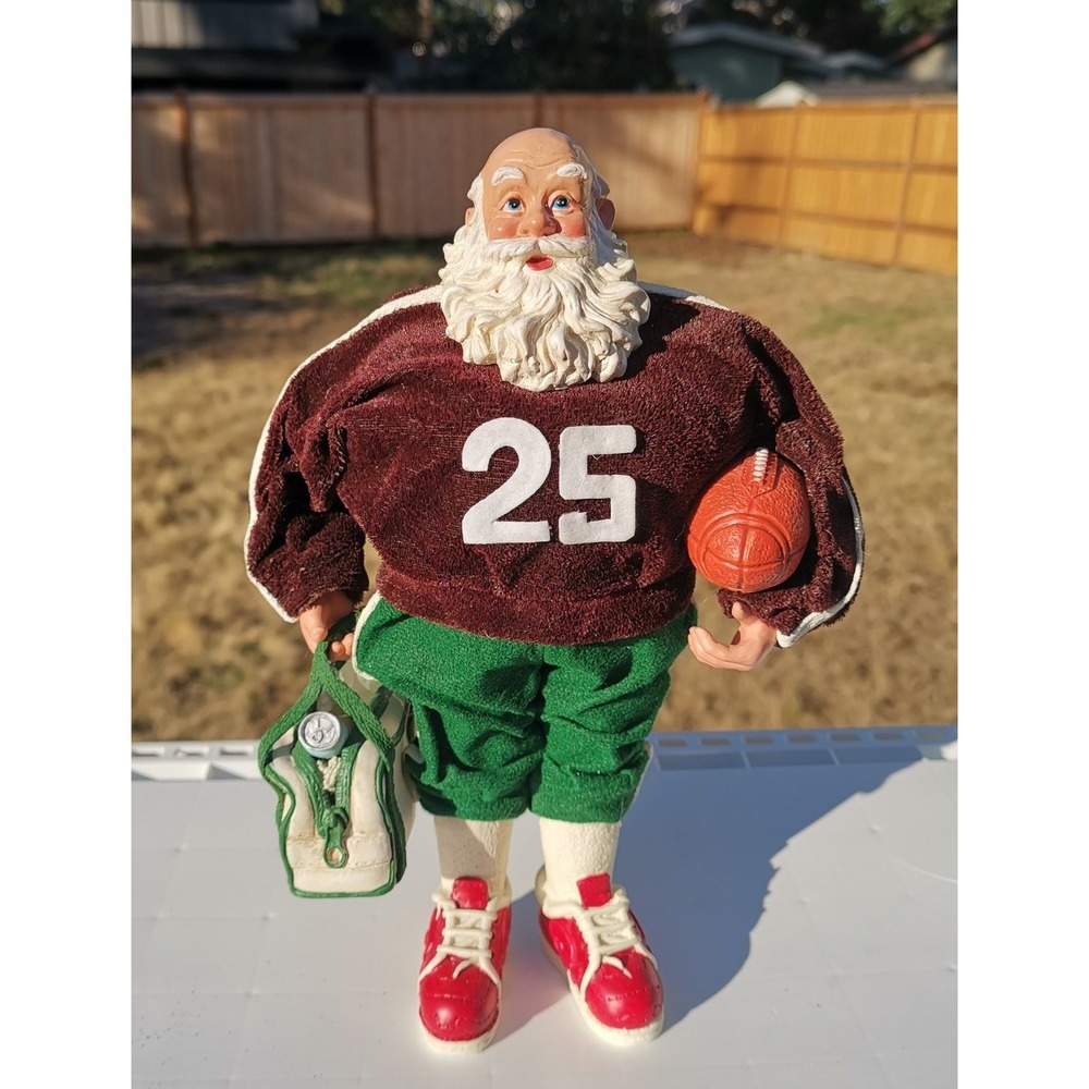 Vtg Resin Santa Football Figurine Maroon Green Fabric Uniform Christmas 10.5"#25